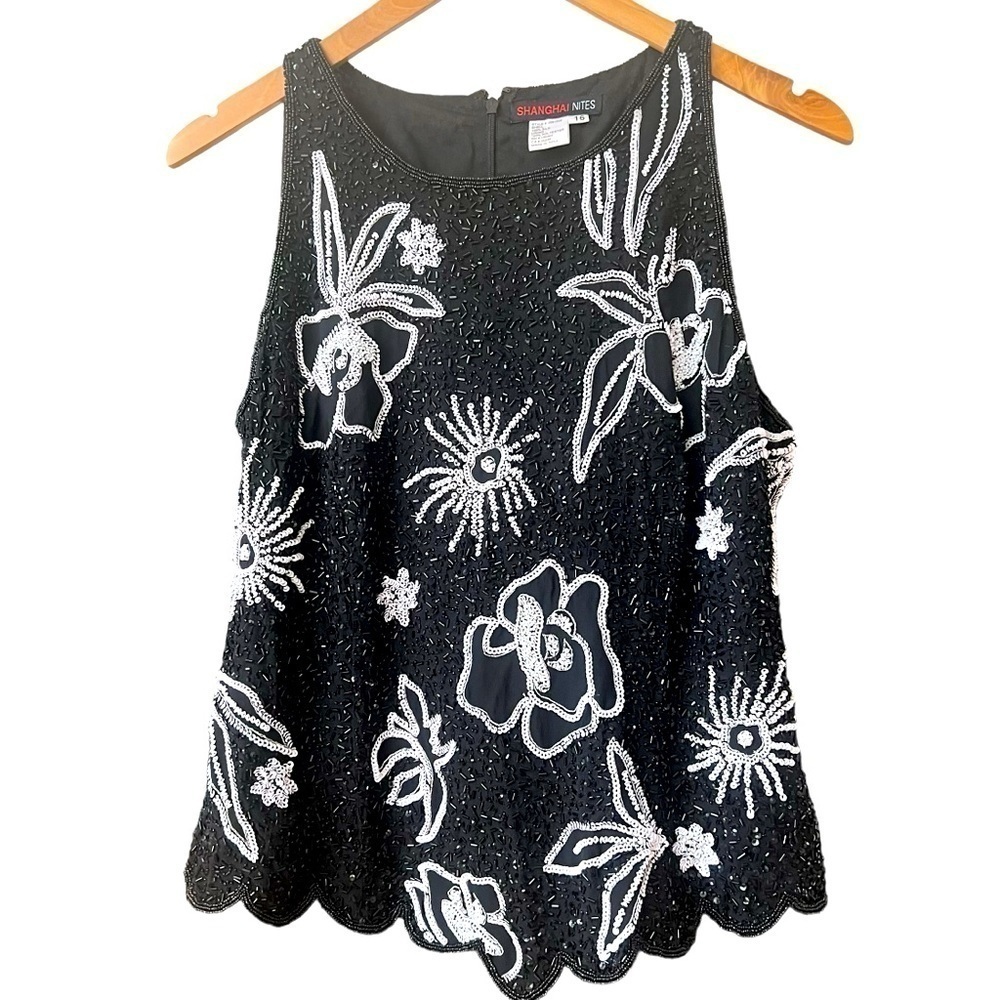 VTG Shanghai Nites Silk Beaded White/Black Top with bugle beads/sequins Size 16 - Picture 2 of 14